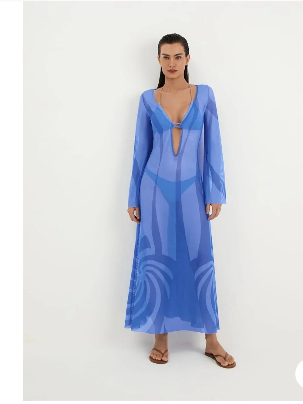 Caroline Constas Lidi Blue Sheer Maxi Deep V-Neck Swim Cover-Up - M